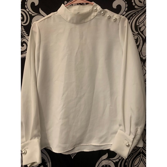 Zara Tops - Zara Basic White Mock Neck Blouse Pearl Button Shoulder Long Sleeve Small